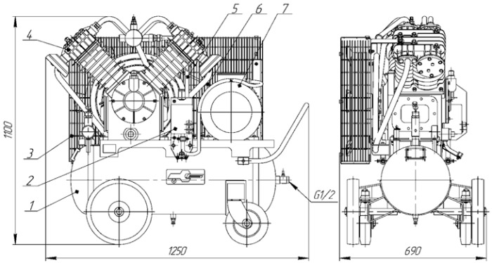 Состав и габаритные размеры установки компрессорной К-6