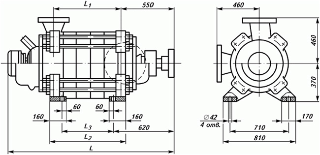 Габаритные размеры насосного агрегата ЦНСГ 300-180